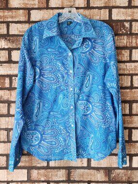 Lauren Ralph Lauren Women's Blue Paisley Long Sleeved Button Font Shirt Size L